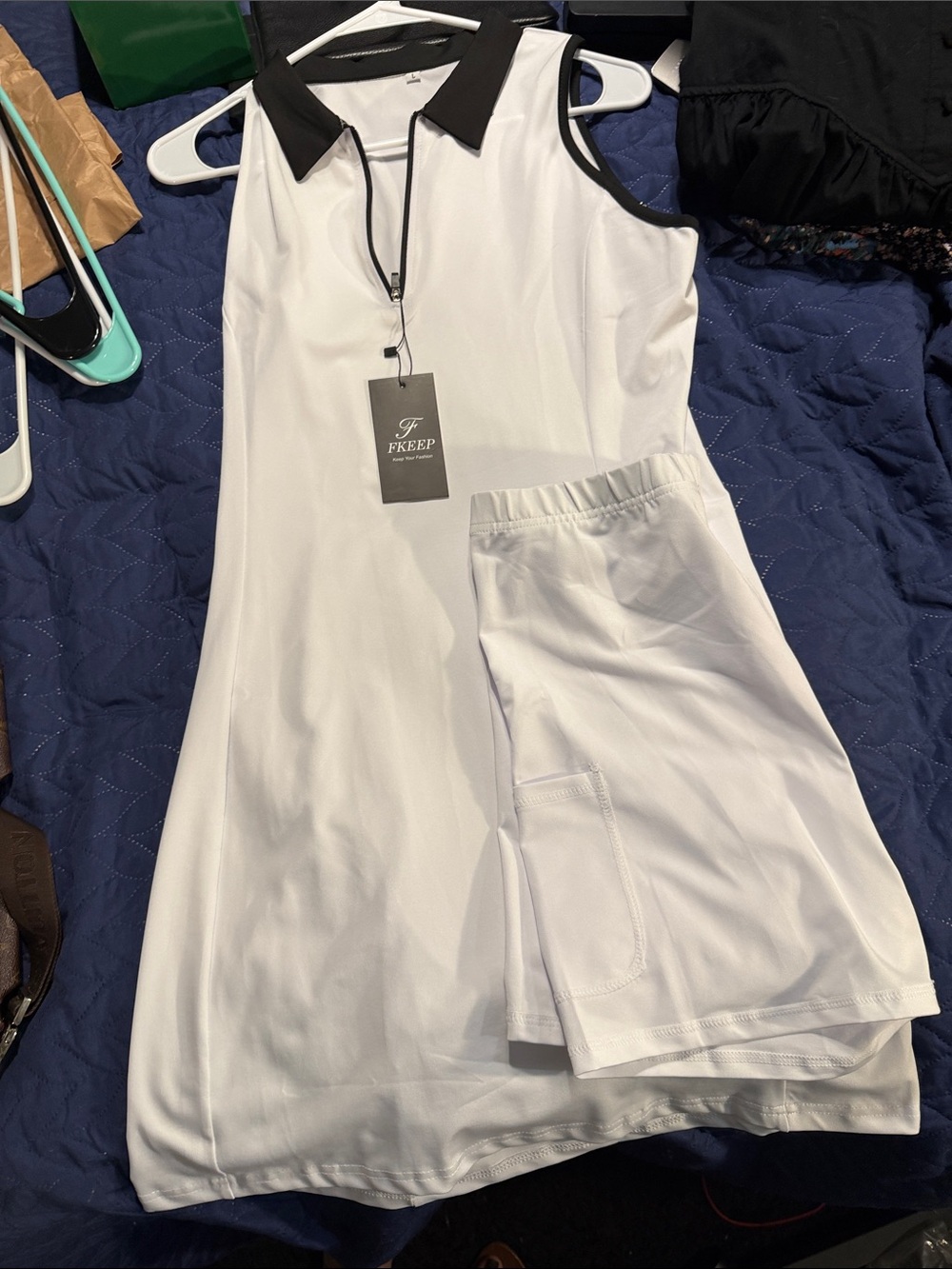Fkeep Sleeveless White Tennis Dress with Black Collar